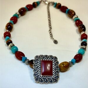 Carolyn Pollack RELIOS~Red Jasper Pendant & Turquoise/Tiger Eye  Beaded Necklace
